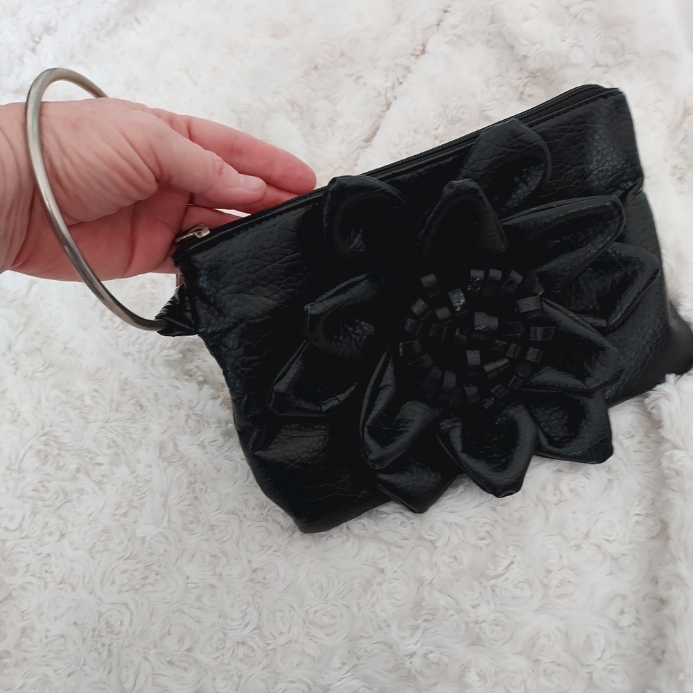 Giannini Black faux leather wrist bag Purse 3D floral detail Artsy Unique Quirky